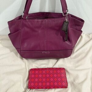 Plum Coach bag and plum and fuchsia floral wallet